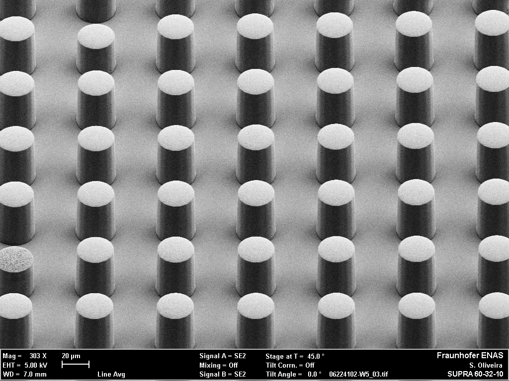 Kupfer-Pillars mit 30 µm Durchmesser und 50 µm Pitch (auch mit Gold oder Aluminium herstellbar).