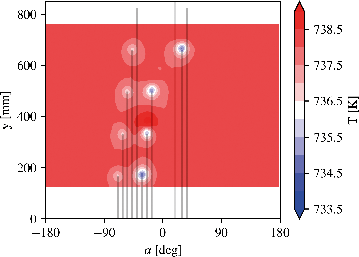 2D-Ansicht des Bereichs der Produktwafer, graue vertikale Linien = Gasinjektoren und Thermoelement (3. Linie von rechts).