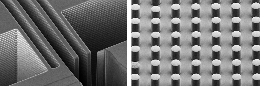 Oberflächenaufnahmen (TV-REM) eines MEMS-Ausschnittes (li.) und von Cu-Pillars (re.)
