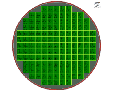 Ausgewertete Wafermap einer automatischen Messung. Der Wafer wird dabei in vordefinierte Bereiche eingeteilt, wodurch die lokalen Werte ausgegeben werden können.