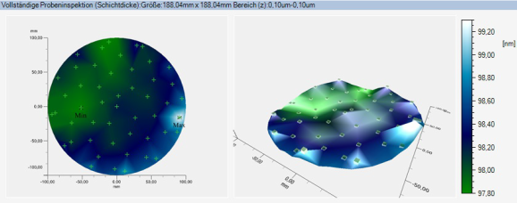 3D-Darstellung der gemessenen Schichtdicke über einen kompletten 8“ Wafer. Das Mapping fand mittels einer spiralförmigen Punktmessung statt, wodurch der Wafer auf seinem Radius nahezu vollständig vermessen werden konnte.