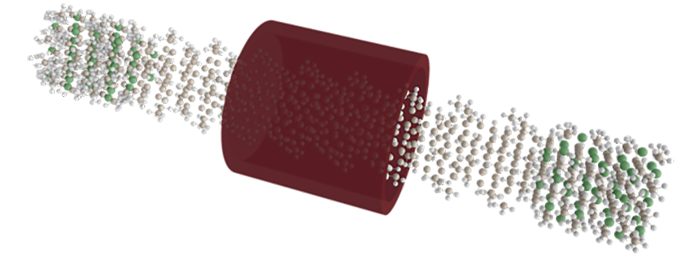 Atomistisches Modell eines Si-Nanodraht-Transistors.