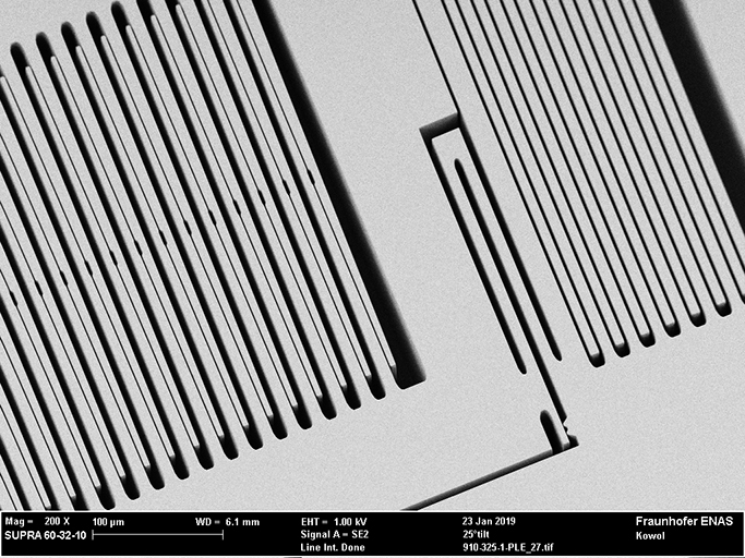REM-Aufnahmen des 20 g Beschleunigungssensors, Elektroden (unten links), Dämpfungselemente (rechts in der Struktur).