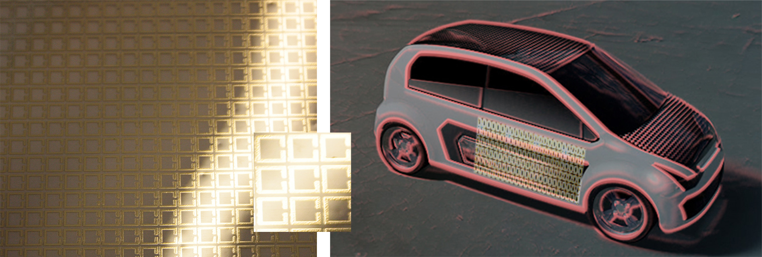 Im Tiefdruckverfahren hergestellte Metamaterialien, bestehend aus einem SSR-Resonator-Array auf flexiblem Foliensubstrat, für Anwendungen im Bereich der passiven Zustandsüberwachung.