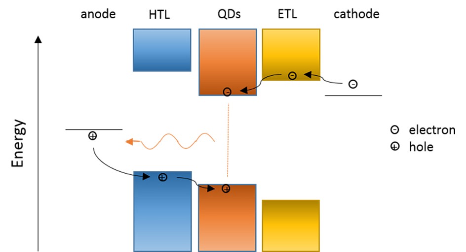 Band structure of a typical setup of a QD-LED. It shows the injection of the charge carriers through the HTL and ETL.