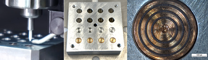 Aerosol-Jet-Druck von Nanopartikel-Lotmaterialien (hier Ag und Sn) auf zylinderförmige Substrate in einer Substrathalterung. Foto © Fraunhofer ENAS