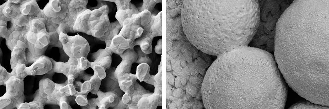 Surface images (TV-SEM) of solder and sinter layers at different magnifications (left and right)