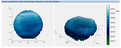 The 3D display of the wafer thickness provides an immediate overview of the wafer's condition.