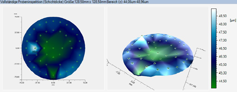 The data obtained using an infrared sensor can be visualized in a 3D representation. For this example, a circular point measurement with different distances from the center was chosen. This provides a good overview of the entire wafer.