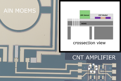 AlN sensor combined with CNT electronics - example of heterogeneous integration technology.