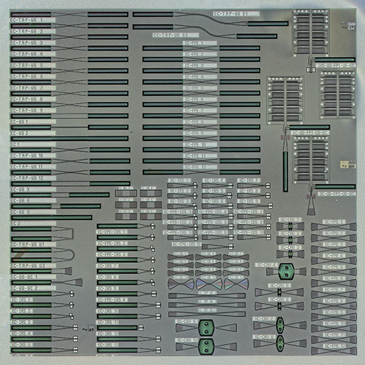 Spectrometer components on SOI wafer (infrared sources, waveguides, filters and couplers).