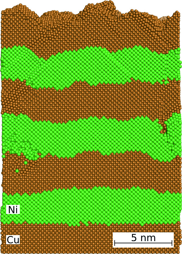 Atomistic model of PVD grown Cu-Ni-multilayers, as simulated by Parsivald.