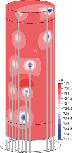 Simulated temperature distribution on the wafer stack in the model of a batch reactor. a) 3D view