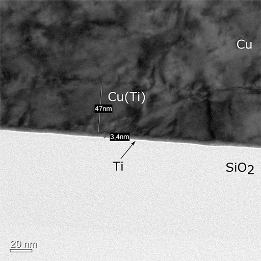 TEM image of an annealed CuTi/Cu sample with Ti rich barrier.