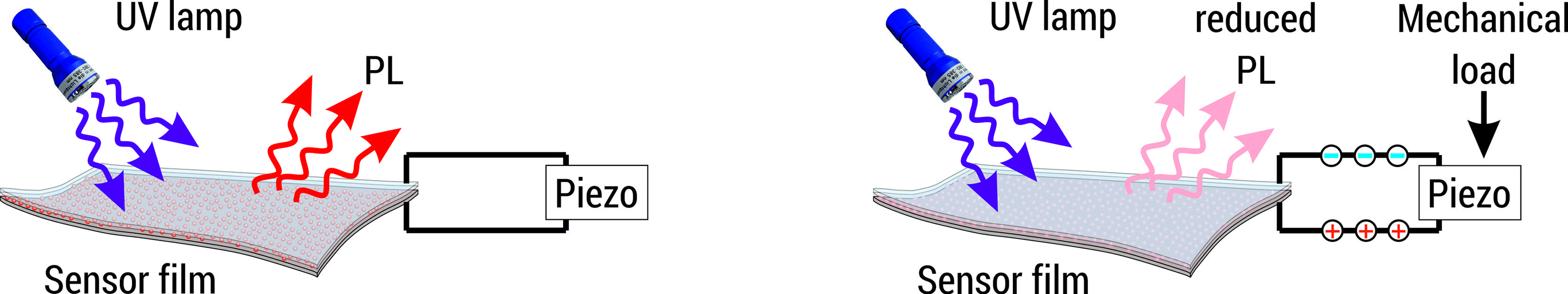 Sensor film with initial light intensity (left) and reduced intensity of sensor due to mechanical load (right).