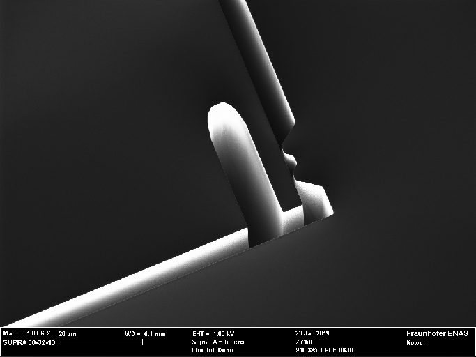 SEM photographs of the 20 g acceleration sensor - detailed view on flexible stop.
