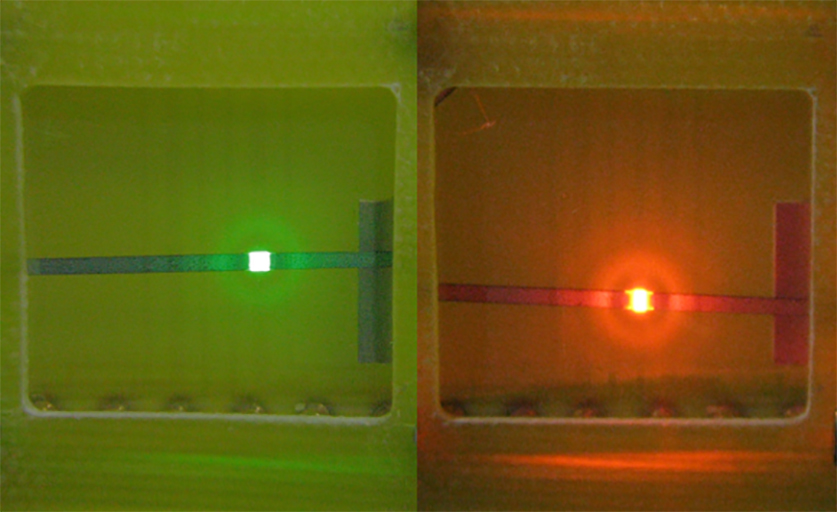 QD-LEDs with peak emission of 525 nm (left) and 620 nm (right).
