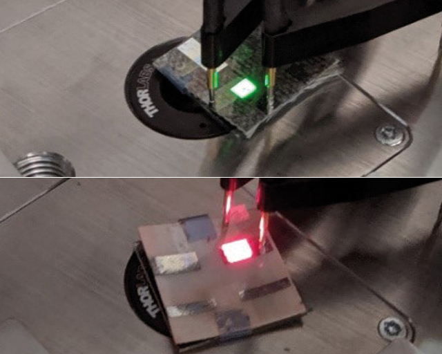 Green Quantum Dot LED on a security textile and red Quantum Dot LED on a PES fabric. Green Quantum Dot LED on a security textile and red Quantum Dot LED on a PES fabric.