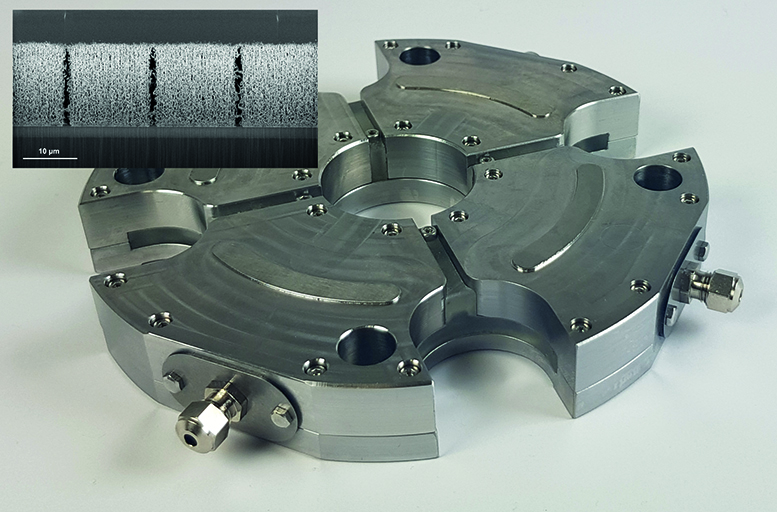 In cooperation with Fraunhofer IWU developed load cell with four sensor cells for process monitoring + SEM cross section image of the CNT network embedded in parylene. In cooperation with Fraunhofer IWU developed load cell with four sensor cells for process monitoring + SEM cross section image of the CNT network embedded in parylene.