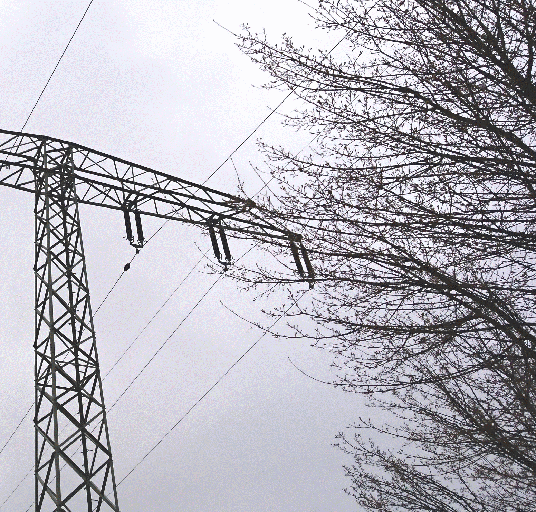 Overhead high voltage power line with PLM system for ground fault detection and localization.