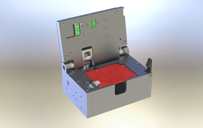 3D model of the measurement setup for the microfluidic cartridge (red) for the project CovMoTe.